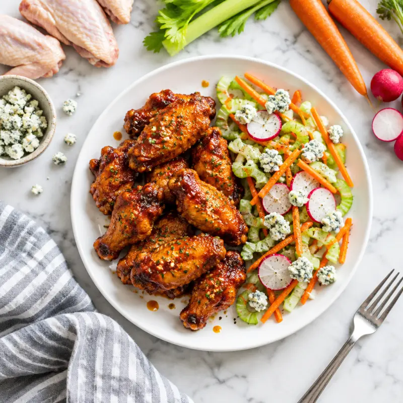 Hot Honey Wings with Celery, Carrot, Radish & Blue Cheese Salad, plated