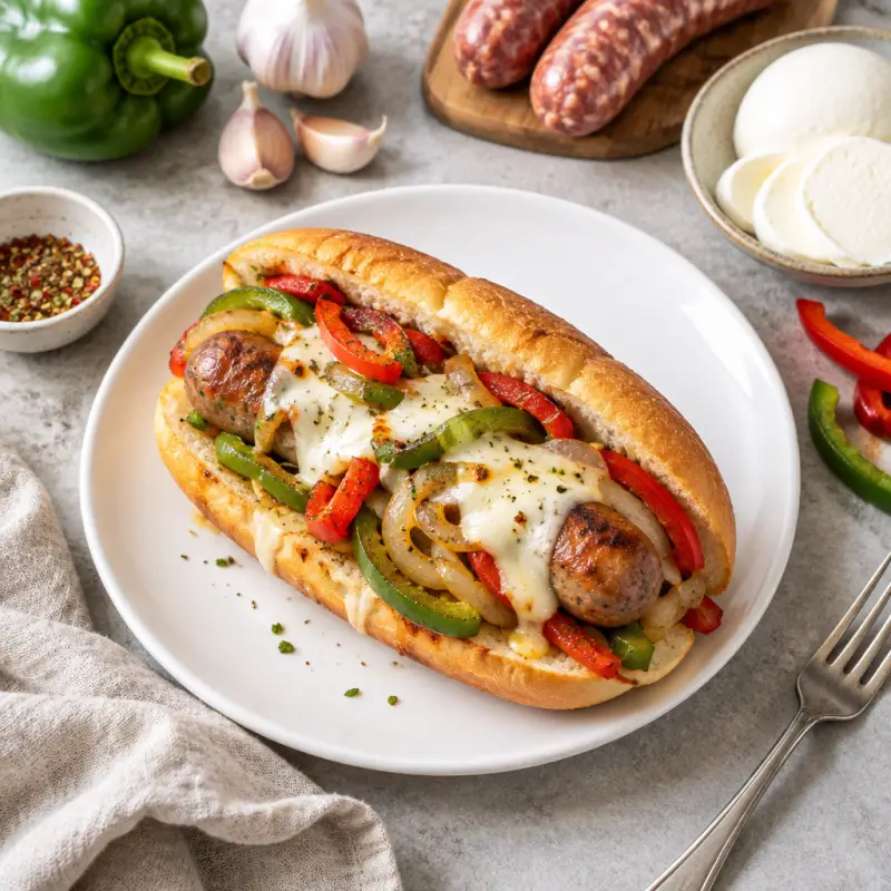 Hot Italian Sausage Sandwich with Peppers, Onions & Mozzarella, plated