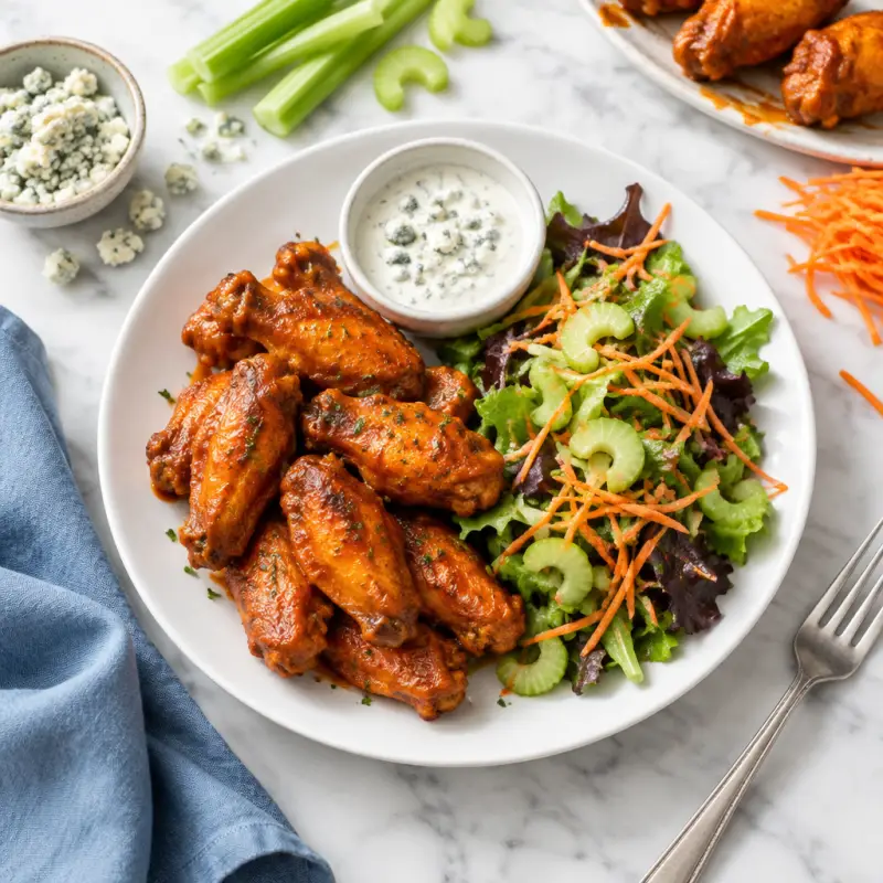Hot Wings with Blue Cheese Dressing & Celery-Carrot Mixed Green Salad, plated