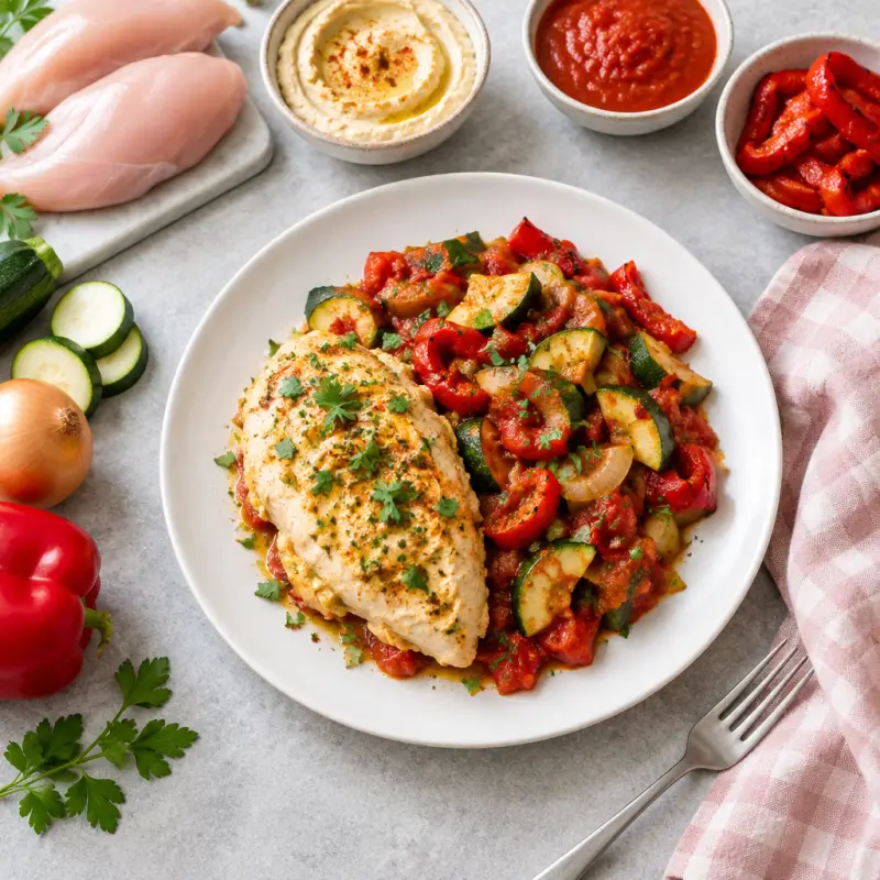 Hummus Baked Chicken with Zucchini, Onion, Pepper & Tomato Stew, plated