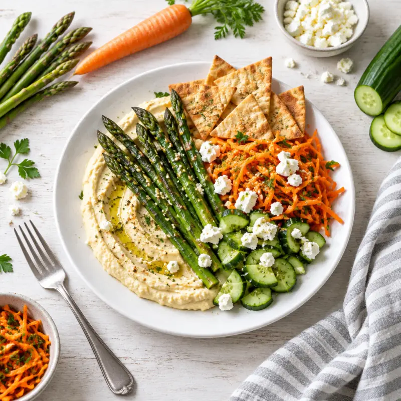 Hummus Plate with Roasted Asparagus, Pita Chips, Carrot Salad & Feta, plated