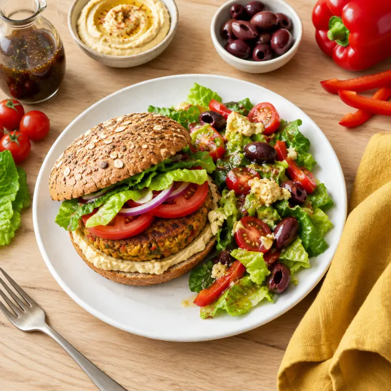 Hummus Veggie Burger with Tomato, Olive & Romaine Salad, plated