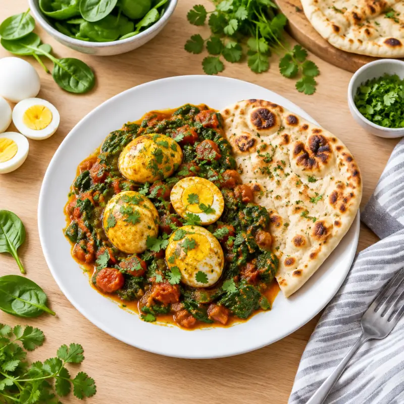 Indian Egg, Tomato & Spinach Curry with Toasted Naan Bread, plated