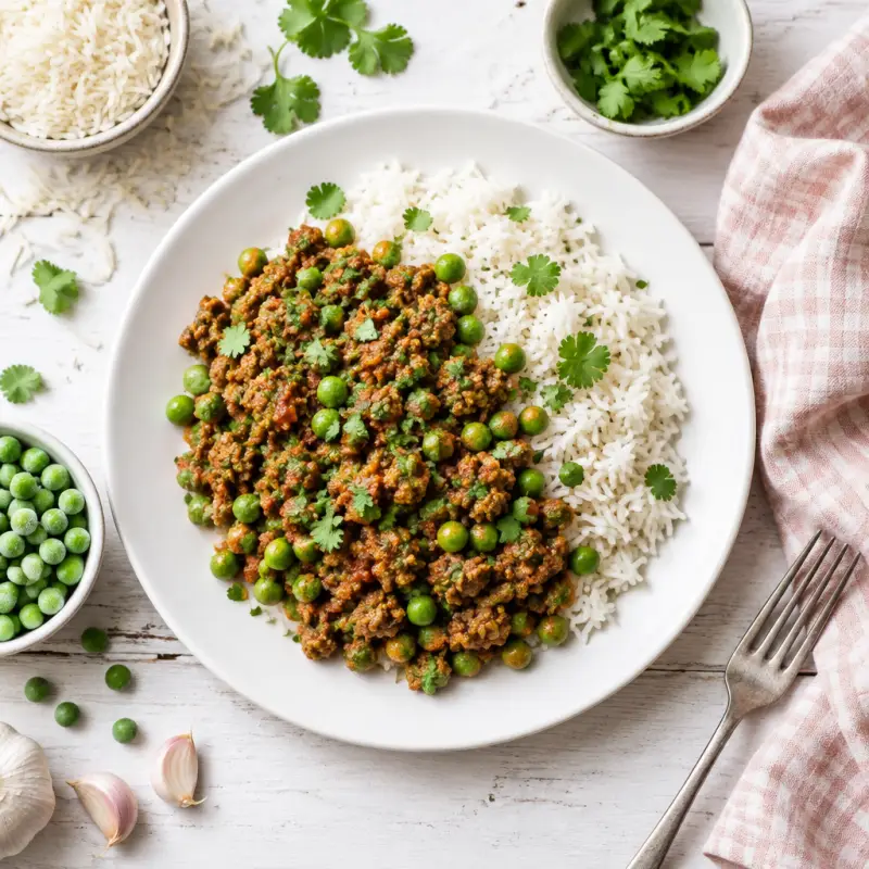 Indian-Inspired Beef Kheema with Peas & Basmati Rice, plated