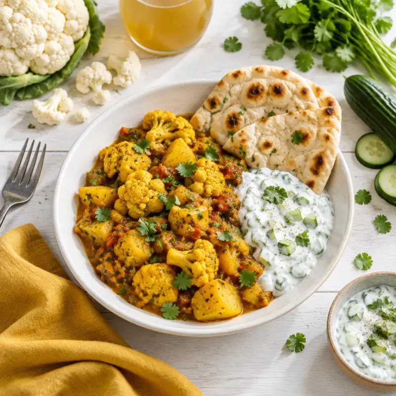 Indian Potato-Cauliflower Curry (Aloo Gobi) with Cucumber Raita & Naan, plated
