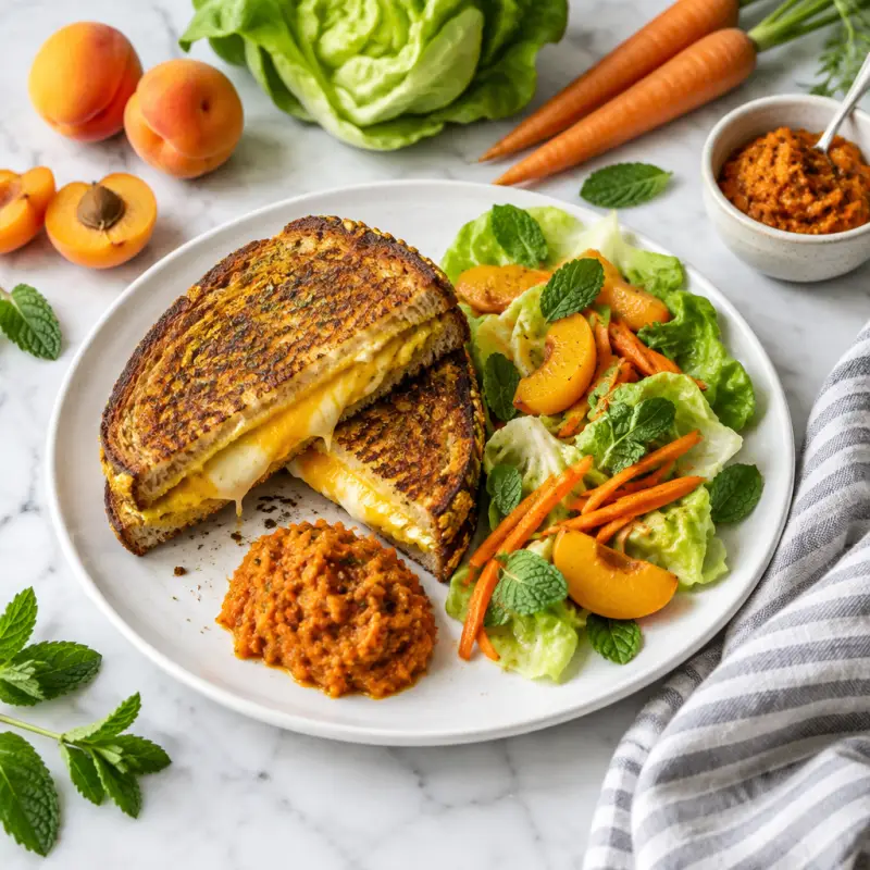 Indian-Spiced Grilled Cheese with Carrot Chutney & Apricot-Mint Salad, plated