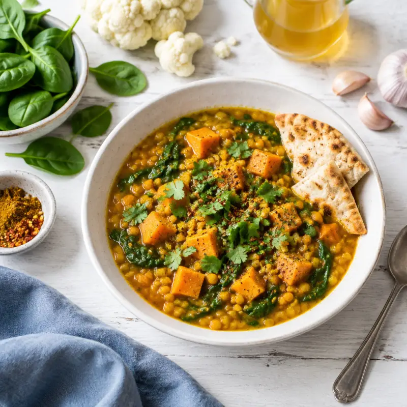 Indian Spiced Lentil Soup with Sweet Potato, Spinach & Pita, plated