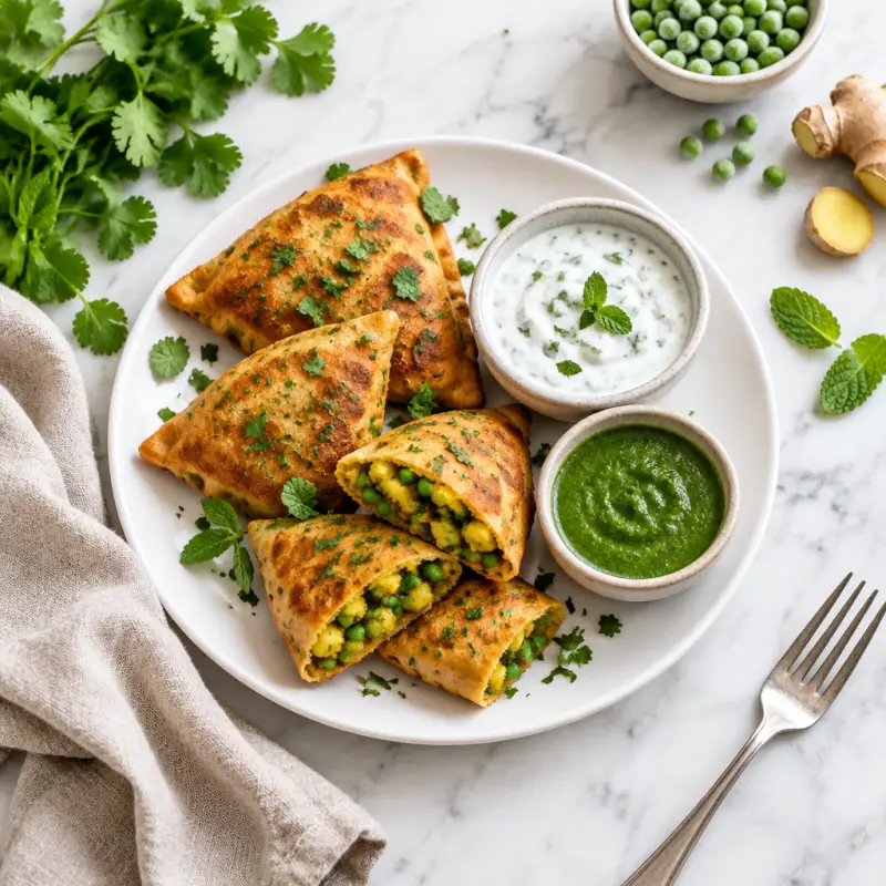 Indian Spiced Potato Pockets with Mint Raita & Cilantro Chutney, plated