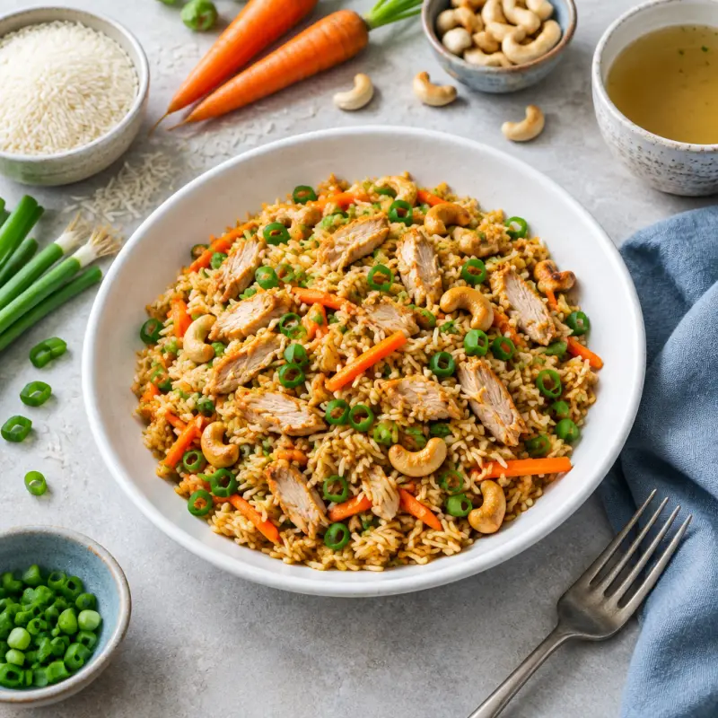 Indian-Style Fried Rice with Turkey, Carrots, Green Onions & Cashews, plated