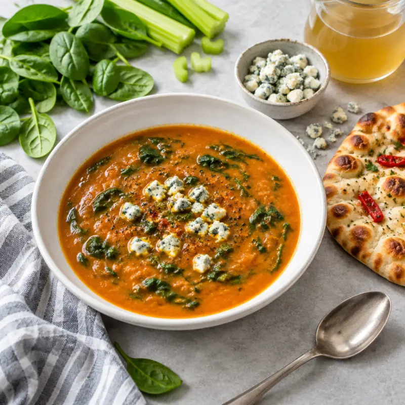 Indian Tomato-Spinach Soup with Blue Cheese & Roasted Red Pepper Naan, plated
