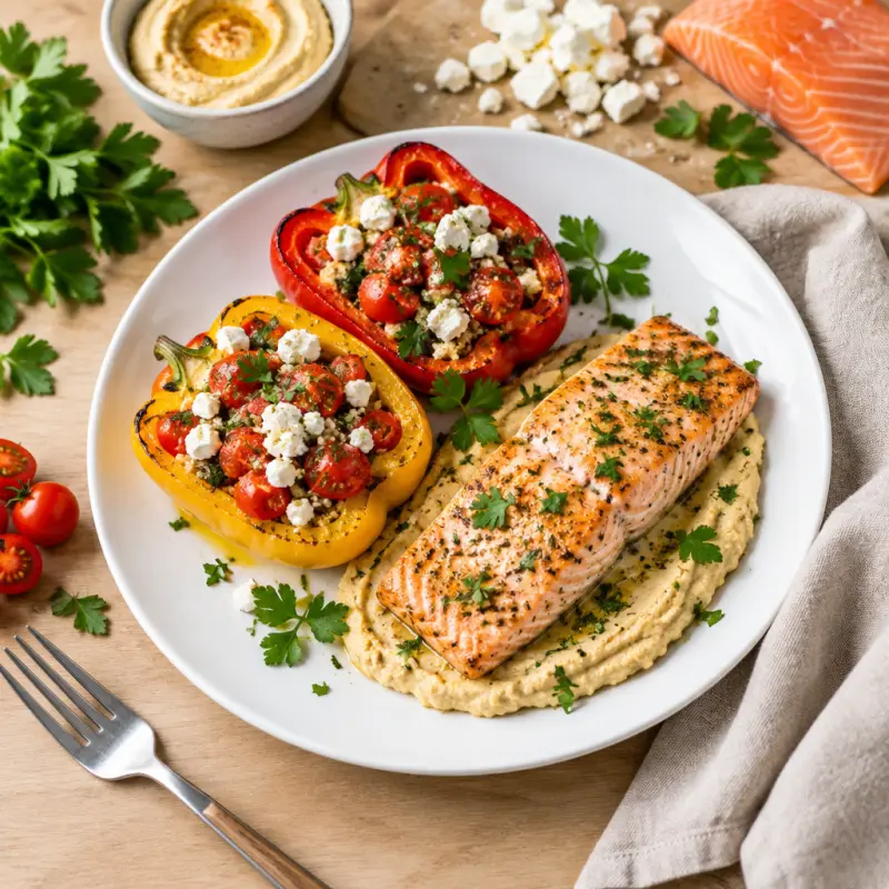 Italian Baked Salmon with Hummus, Tomato & Feta Stuffed Peppers, plated