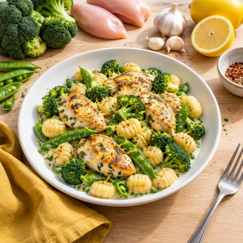 Italian Chicken-Gnocchi Skillet with Broccoli, Snap Peas & Lemon, plated