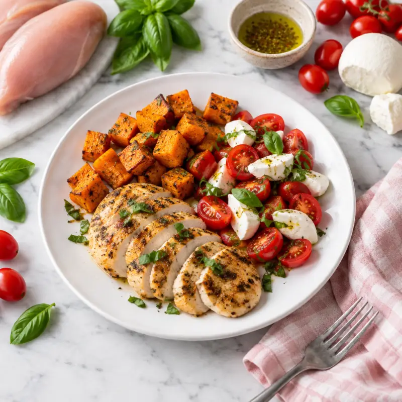Italian Chicken with Roasted Sweet Potatoes & Tomato-Mozzarella Salad, plated