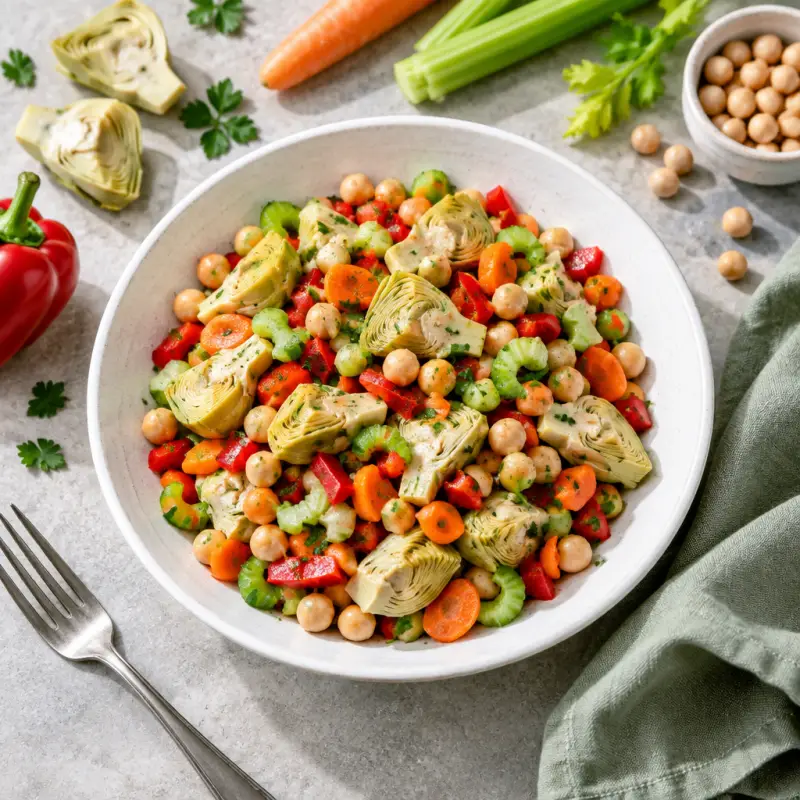 Italian Chickpea Salad with Artichoke, Carrot, Celery & Bell Pepper, plated