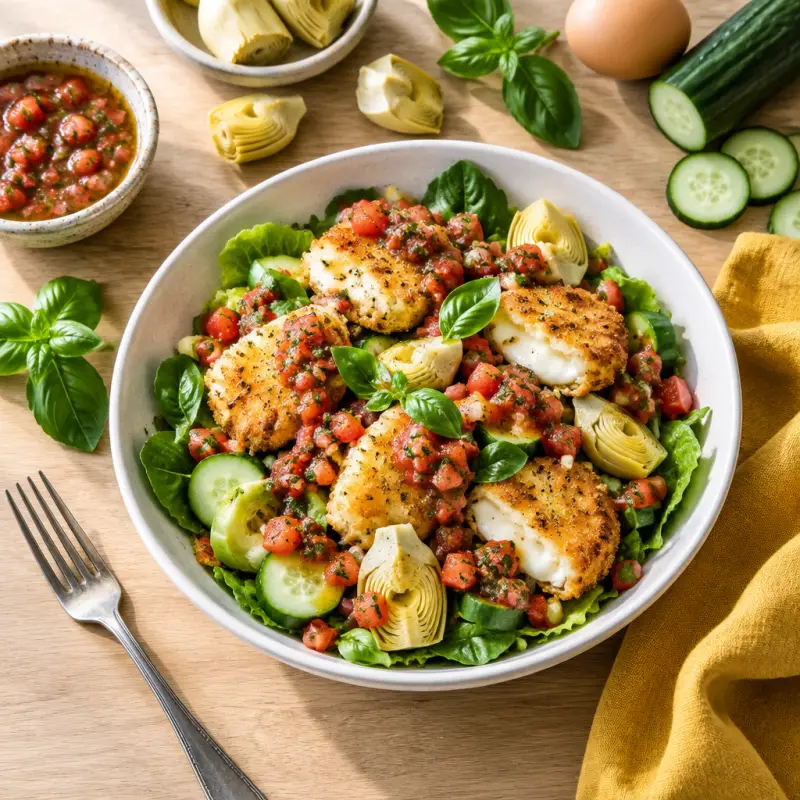 Italian Garden Salad with Crispy Mozzarella & Chunky Tomato Dressing, plated