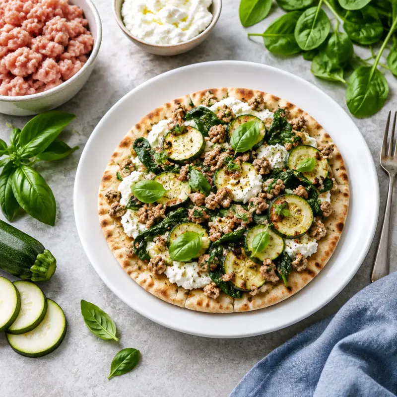 Italian Inspired Turkey-Ricotta Pita Pizza with Zucchini & Spinach, plated