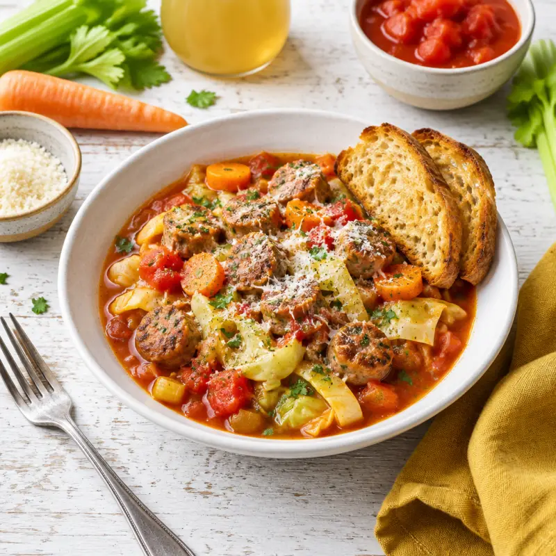 Italian Sausage-Cabbage Stew with Tomato, Carrot, Parmesan & Toast, plated