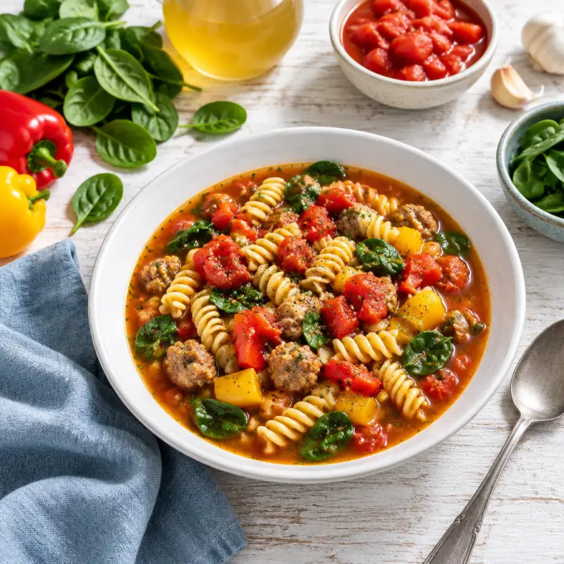 Italian Sausage Soup with Rotini Pasta, Bell Pepper, Tomato & Spinach, plated