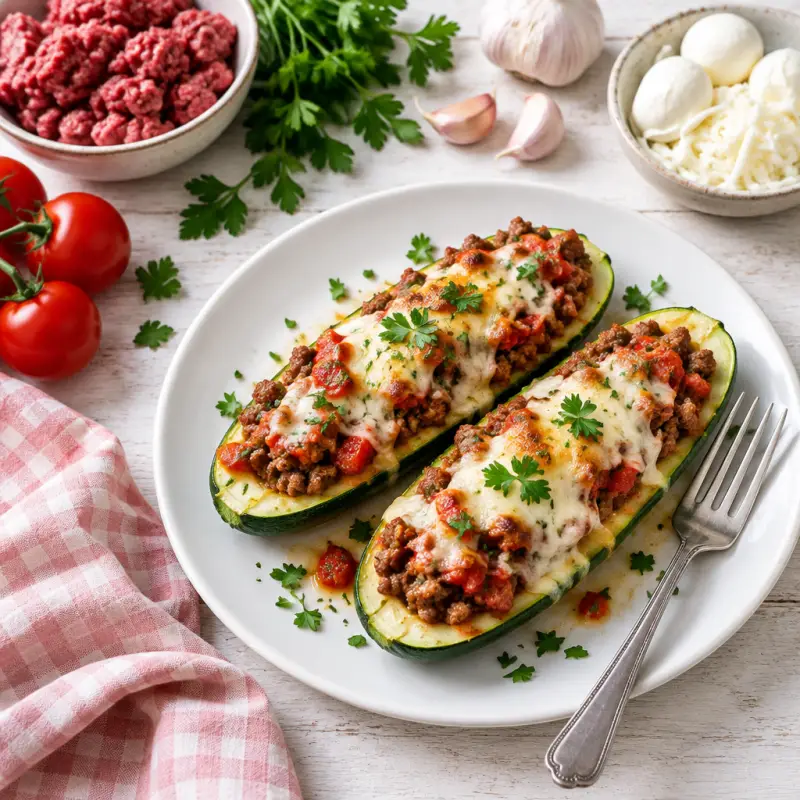 Italian Stuffed Zucchini Boats with Ground Beef, Tomatoes & Mozzarella, plated