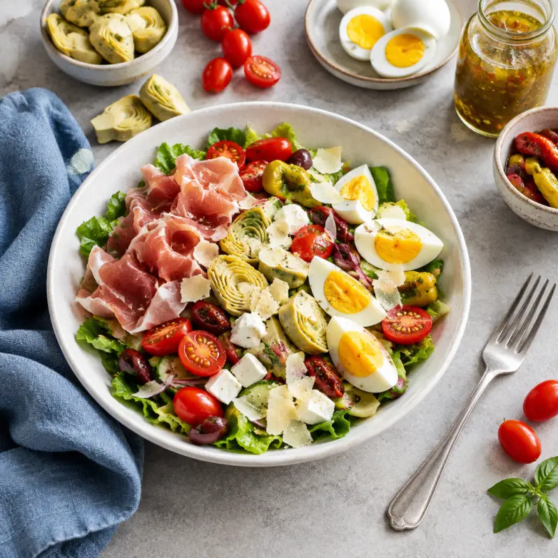 Italian-Style Chef Salad with Prosciutto, Cheese & Marinated Veggies, plated