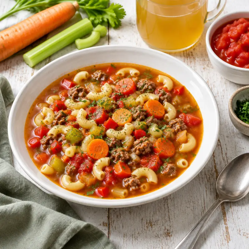 Italian-Style Macaroni Soup with Beef, Carrot, Celery & Bell Pepper, plated