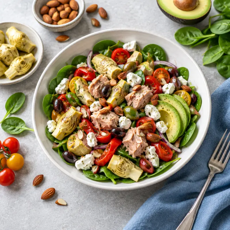 Italian-Style Spinach Salad with Tuna, Marinated Veggies & Goat Cheese, plated