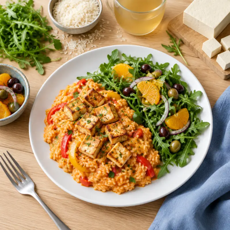 Italian Tofu with Creamy Bell Pepper Rice & Orange-Olive Arugula Salad, plated
