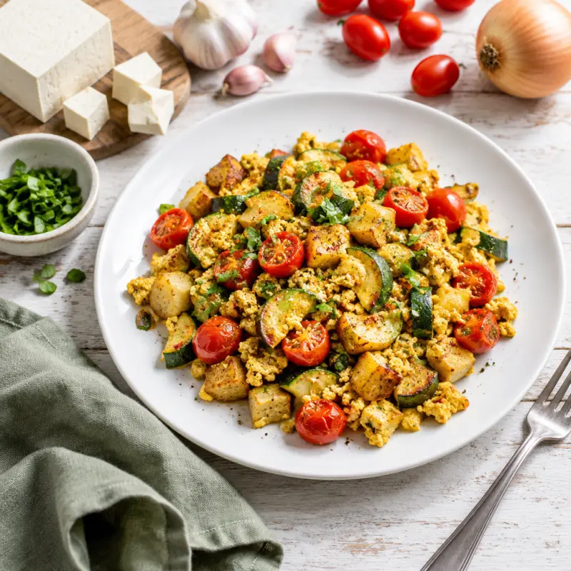 Italian Tofu Scramble with Potatoes, Zucchini & Cherry Tomatoes, plated