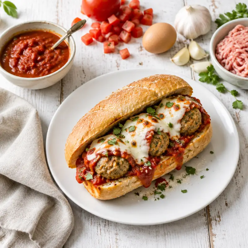 Italian Turkey Meatball Sandwich with Mozzarella & Homemade Marinara, plated