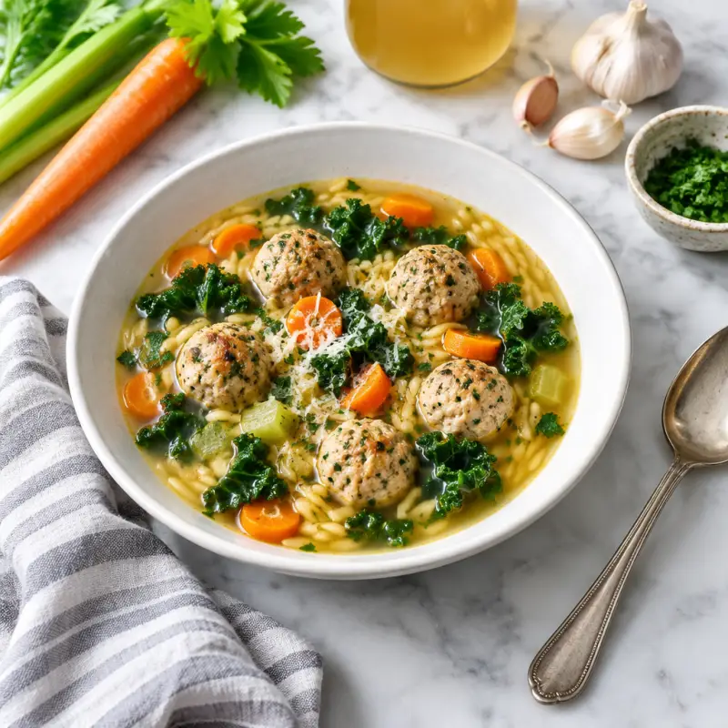 Italian Wedding Soup with Turkey Meatballs & Kale, plated