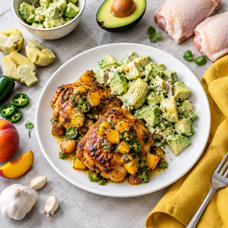Jalapeño-Peach Chicken Thighs with Creamy Avocado & Artichoke Salad, plated