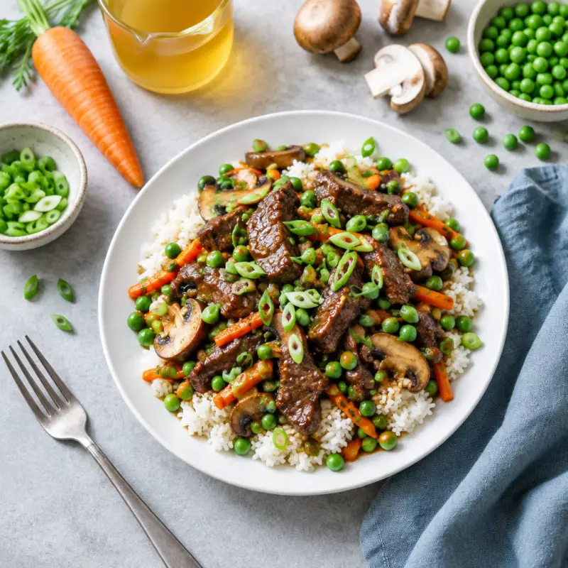 Japanese Ginger Beef Skillet with Mushrooms, Peas, Green Onions & Rice, plated