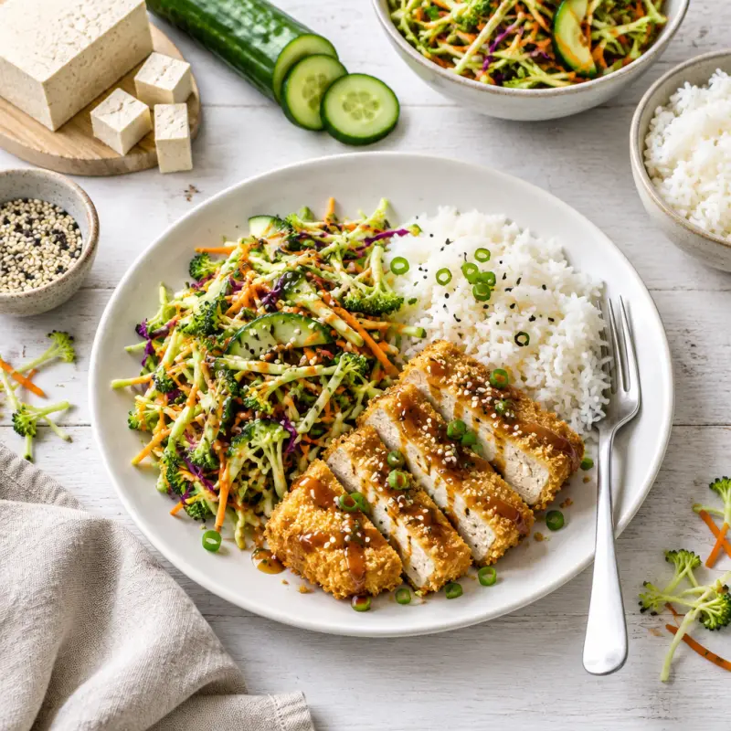 Japanese-Style Breaded Tofu (Katsu) with Sesame Veggie Slaw & Rice, plated