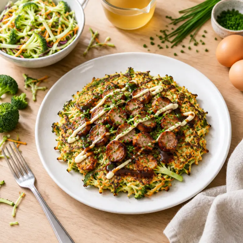 Japanese-Style Broccoli Slaw Pancake (Okonomiyaki) with Crispy Sausage, plated