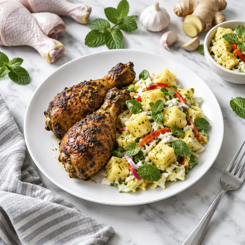 Jerk Chicken Drumsticks with Sweet & Savory Piña Colada Salad, plated