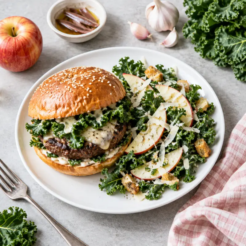 Kale Caesar Burger with Crisp Apple & Parmesan Salad, plated