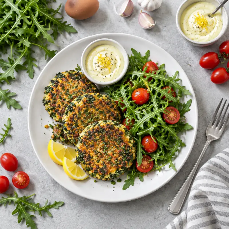 Kale-Potato Cakes with Lemon Aioli & Arugula Salad, plated