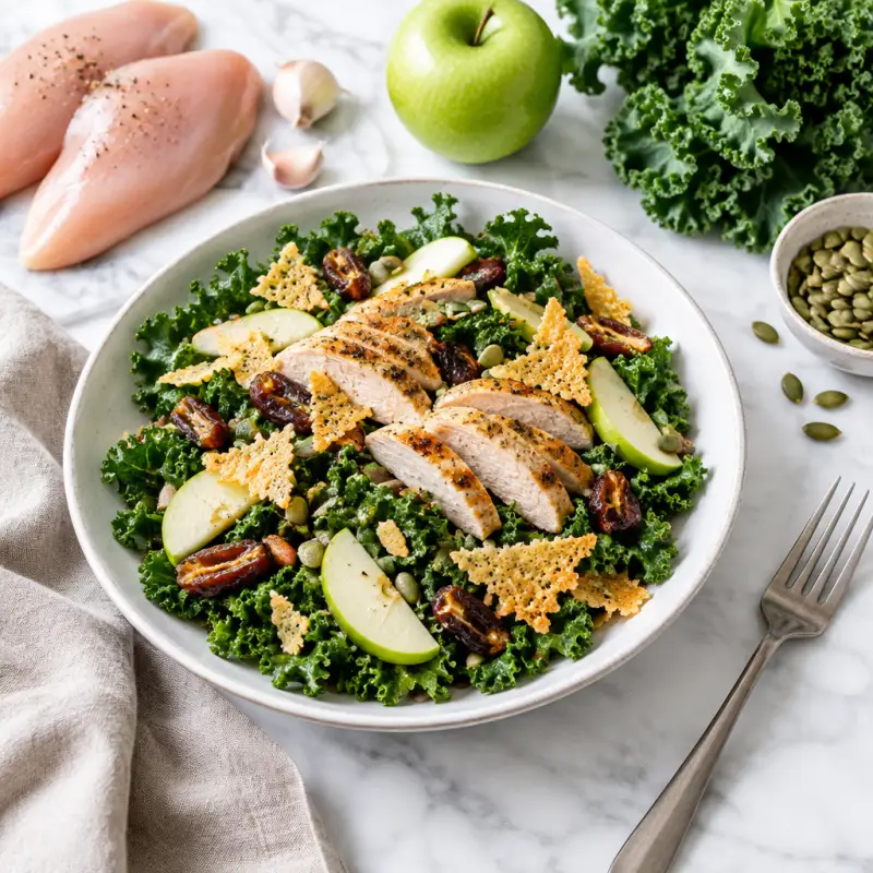 Kale Salad with Chicken, Apple, Dates, Pumpkin Seeds & Crispy Parmesan, plated