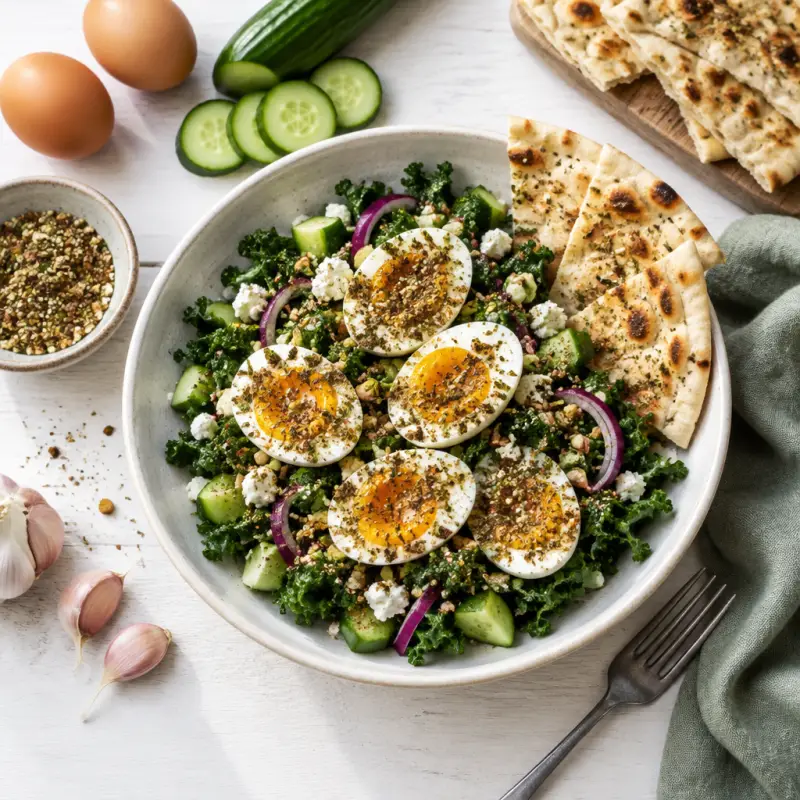 Kale Salad with Nutty Middle Eastern Spiced "Dukkah" Eggs & Flatbread, plated