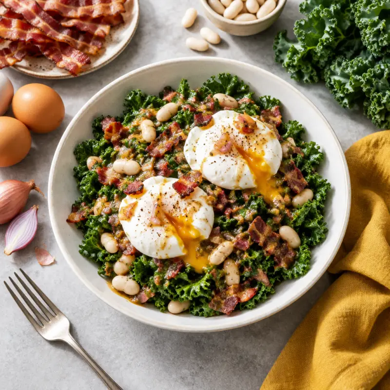 Kale Salad with Poached Eggs, Beans & Warm Bacon-Shallot Dressing, plated