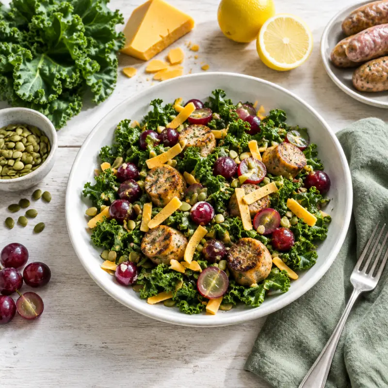 Kale Salad with Pork Sausage, Grapes, Pumpkin Seeds & Cheddar, plated