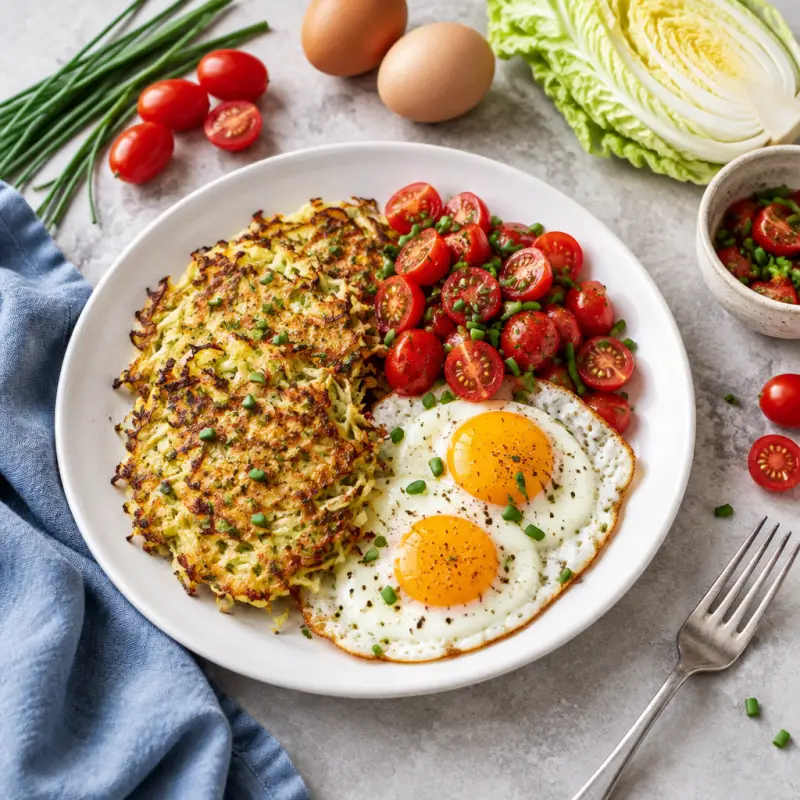 Keto Cabbage "Hash Browns" & Eggs with Tomato-Chive Salad, plated