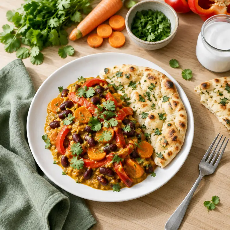Kidney Bean, Bell Pepper & Carrot Coconut Curry with Cilantro Naan, plated