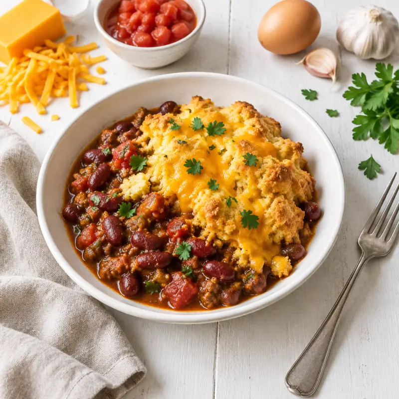 Kidney Bean Chili with Melty Cheddar & Cornbread Topping, plated