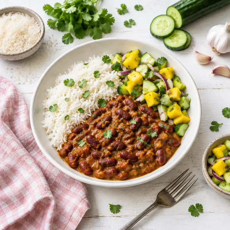 Kidney Bean Curry (Rajma Chawal) with Rice & Mango-Cucumber Salad, plated