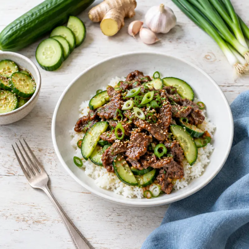 Korean-Style Beef Rice Bowl with Cucumbers, plated