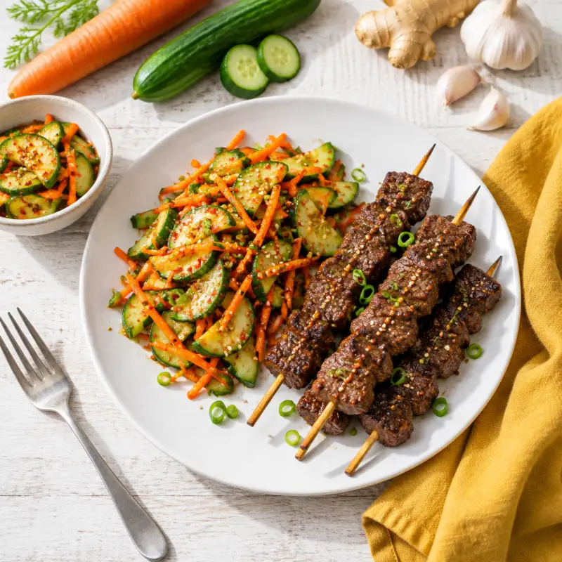 Korean-Style Steak Skewers with Spicy Cucumber & Carrot Salad, plated