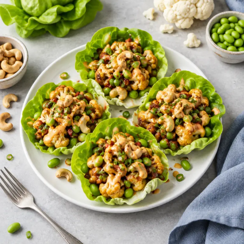 "Kung Pao" Cauliflower-Edamame Lettuce Cups with Cashews & Spicy Mayo, plated