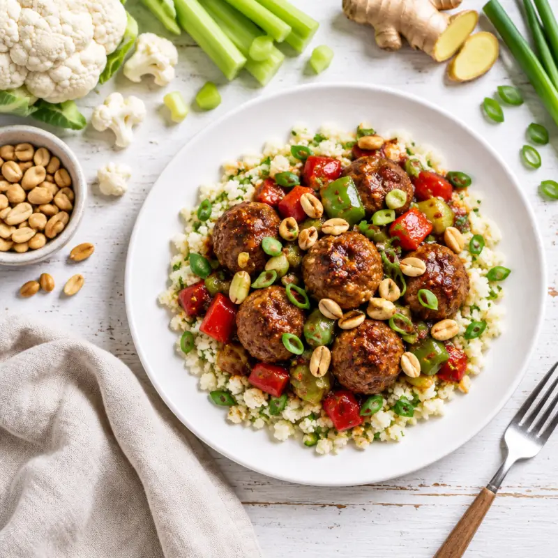 "Kung Pao" Pork Meatballs with Peppers, Peanuts & Cauliflower Rice, plated
