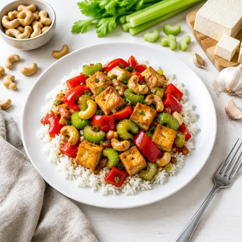 "Kung Pao" Tofu with Bell Peppers, Celery & Cashews over Rice, plated